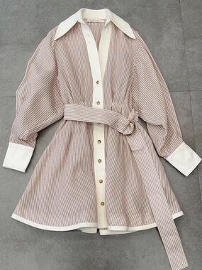 NWOT Zimmermann Striped Cream and Blush Belted Shirt Dress, Size AU 0/1